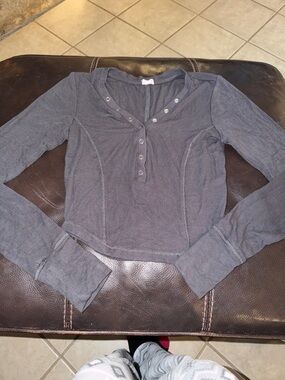 Garage small Long Sleeve ribbed Henley Charcoal Gray